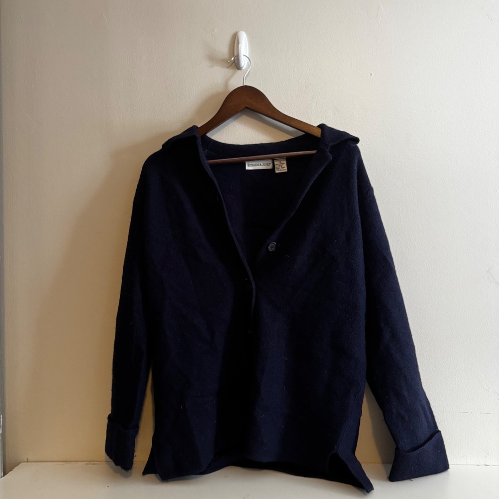 VTG Richards & Jones Navy Blue 100% Wool Collared V-Neck Button Down Sweater S